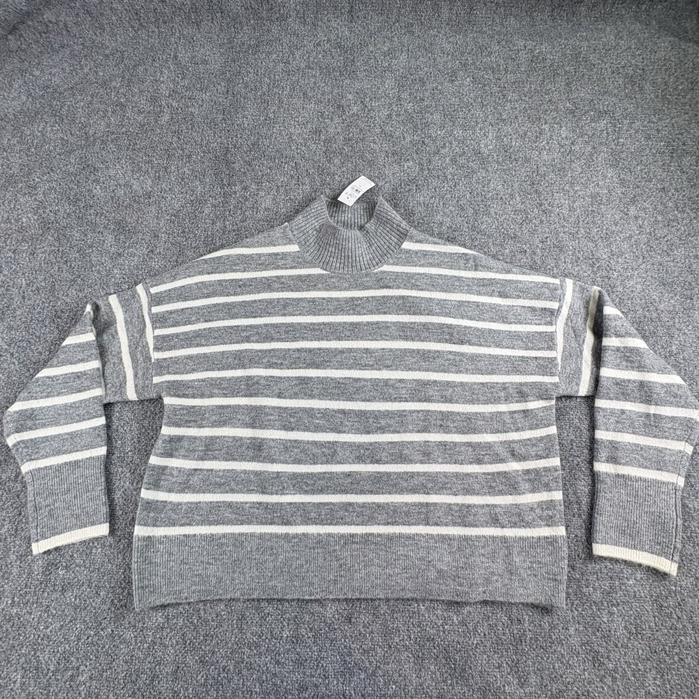 LOFT Sweater Women's XL Gray Striped Mock Neck Cropped Cozy Preppy Cottagecore‎